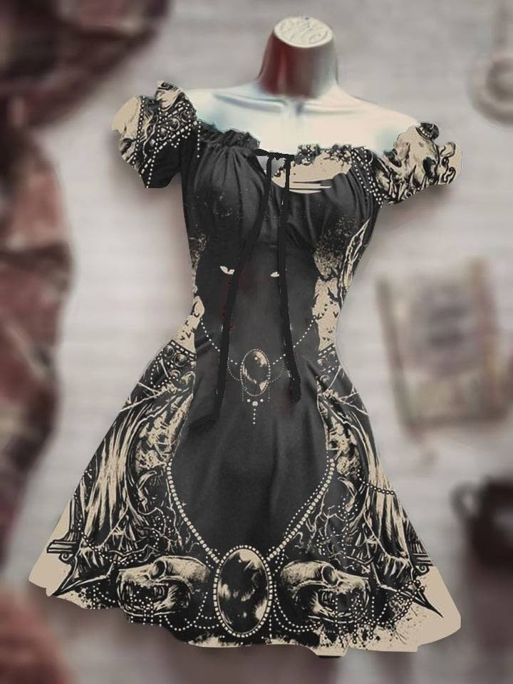 Horror Halloween Skull Costume puff sleeve Skirt Hawaiian Bohemian Short Sleeve Drawstring leisure Dress Skull Night Costume