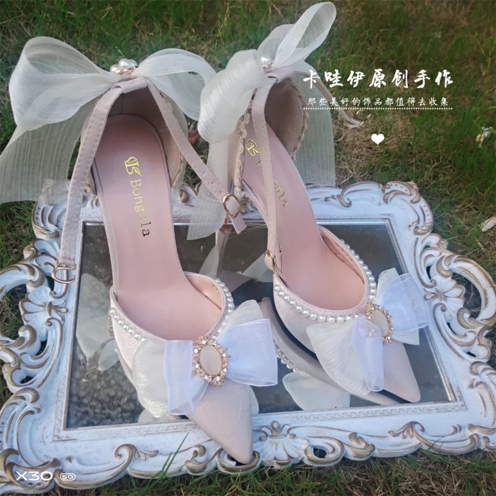 qgtao Kawaii Girls Spring Pearl Pointed Sandals High Heel Sweet Lolita Shoes Lace Bowknot Princess Cute Girl Women Lolita Shoes Cos