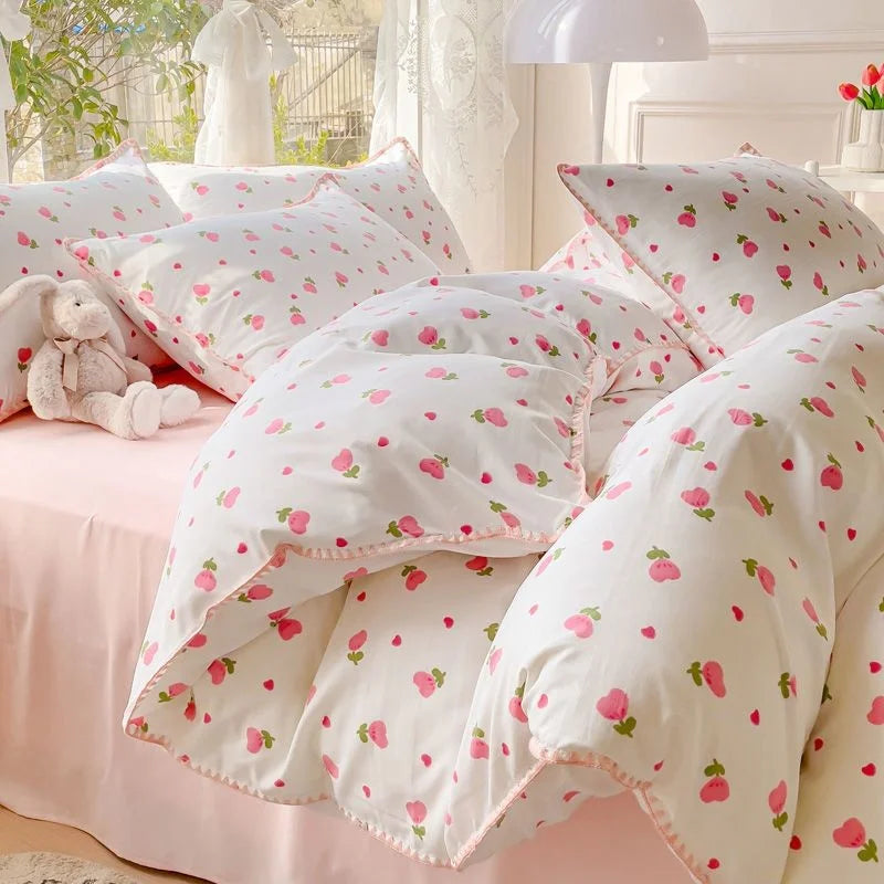 Yeknu Pastoral Girls Flower Bedding Sets, Washed Cotton Bed Linens, Soft Quilt Cover Sheet Set, Simple Bedspread, Home Textiles