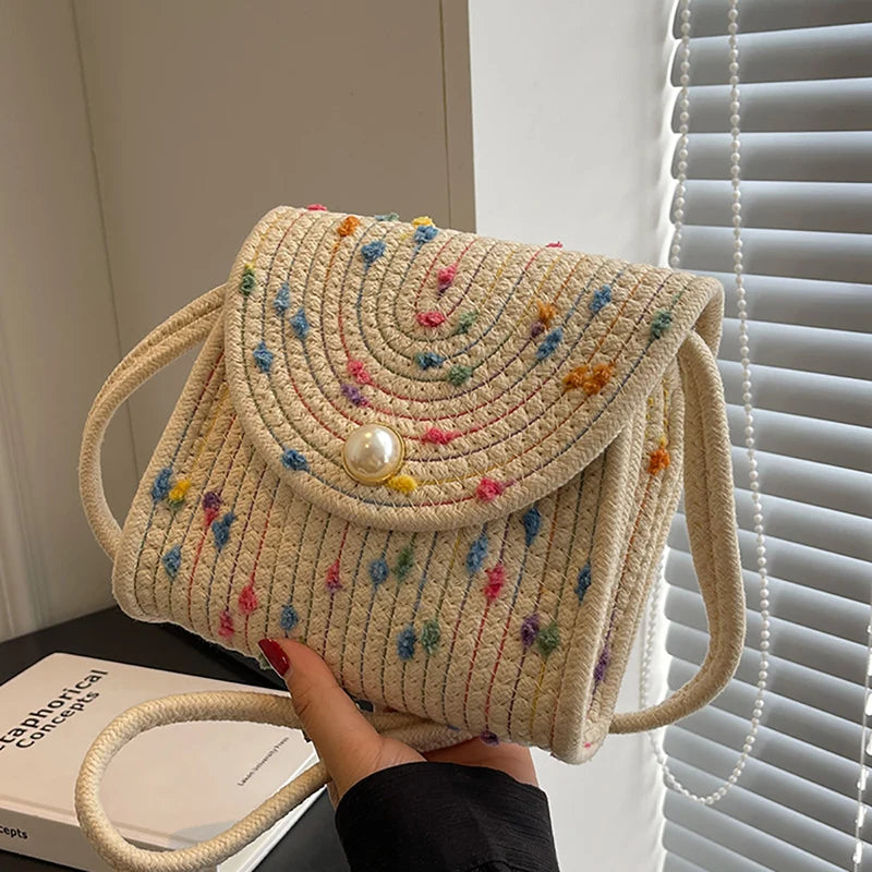 qgtao Summer New Straw Small Square Bag Fashion Pearl All-match Colorful Dot Crossbody Bag Women's Popular Braided Handmade Beach Bag