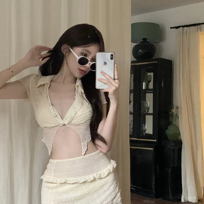 qgtao 2024 Women Two-Piece Swimwear Swimsuit White Korean Style 2 Piece Beach Wear Swimsuit Set With Skirt And Cardigan