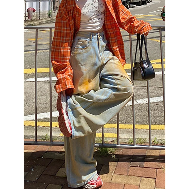 qgtao - Blue Jeans Women Y2K Hip Hop Fashion Vintage High Waisted Cargo Jeans Streetwear Casual Loose Large Size Wide Leg Denim Pants