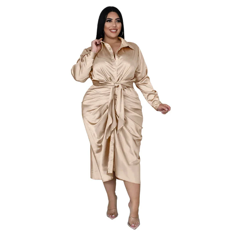 qgtao Elegant Satin Plus Size Women Shirt Dress Sexy Ruched Long Sleeve Lace Up Evening Party Midi Drerss Vestido Africano Feminino