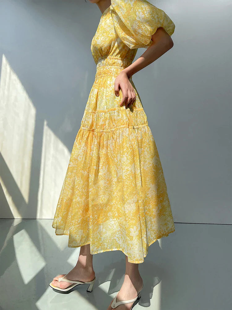 French Floral Printed Puff Sleeve Beading Midi Dress Women V Neck Elegant Slim Waist Party Dresses Fashion Summer