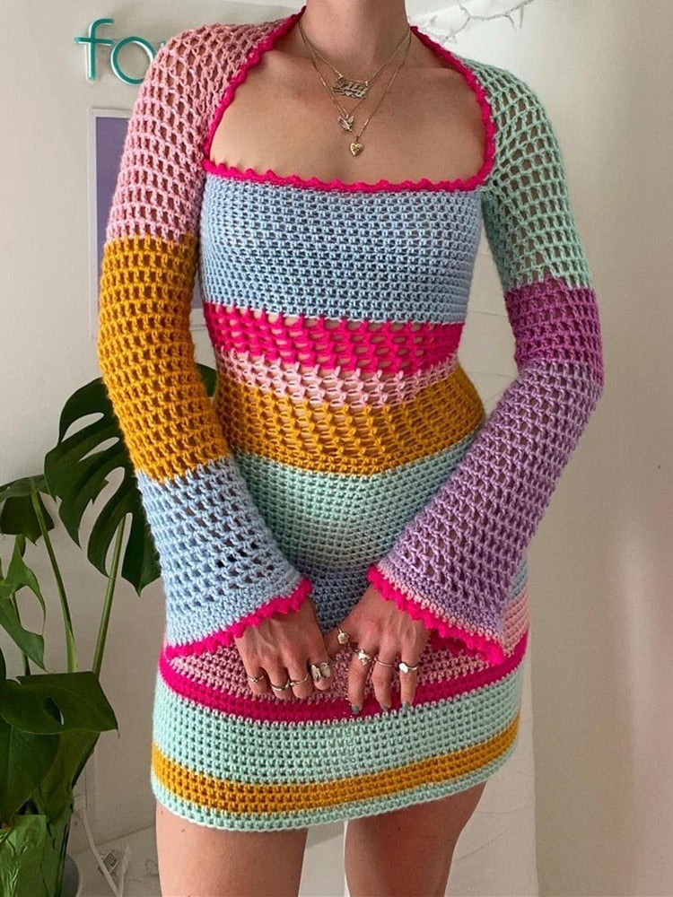 Contrast Colors Long Sleeve Knit Dress