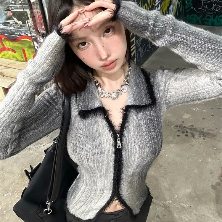 qgtao Y2K Grunge Gray Cropped Cardigan Women Harajuku Vintage Gradient Knitted Sweater Sexy Slim Autumn Winter Jumper 2000s