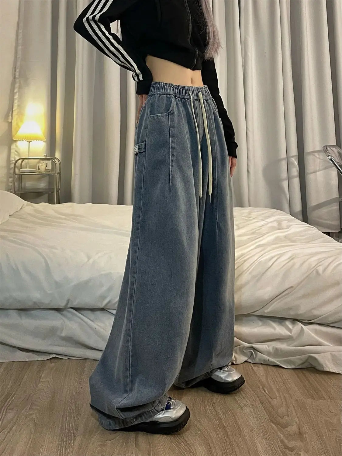 qgtao Women Vintage Baggy Jeans Y2K Elastic High Waist Oversize Street wear Trouser Denim Wide Leg Straight Basic Pants Spring