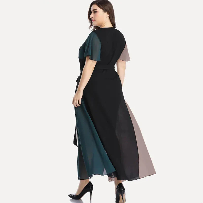 qgtao Plus Size V-neck Summer Elegant Chiffon Party Dress Women Short Sleeve Maxi Casual Dress Sash Waist Fit Flare Evening Dress 6XL
