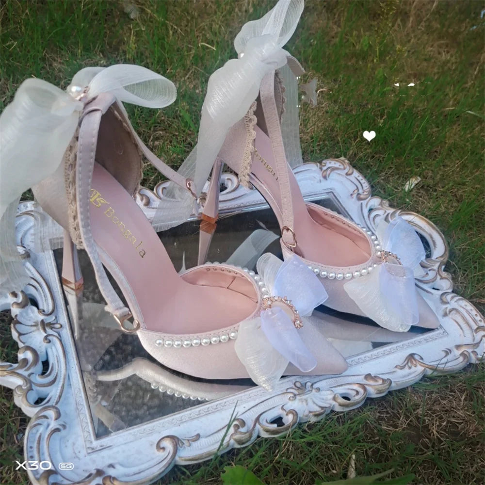 qgtao Kawaii Girls Spring Pearl Pointed Sandals High Heel Sweet Lolita Shoes Lace Bowknot Princess Cute Girl Women Lolita Shoes Cos