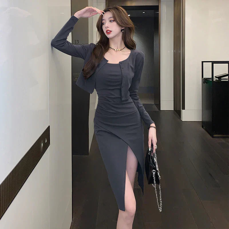 qgtao-New Autumn Fashion Solid Women Midi Dress with Long Sleeved Cardigan Elegant Chic Vintage Office Lady Slim Dresses Korean