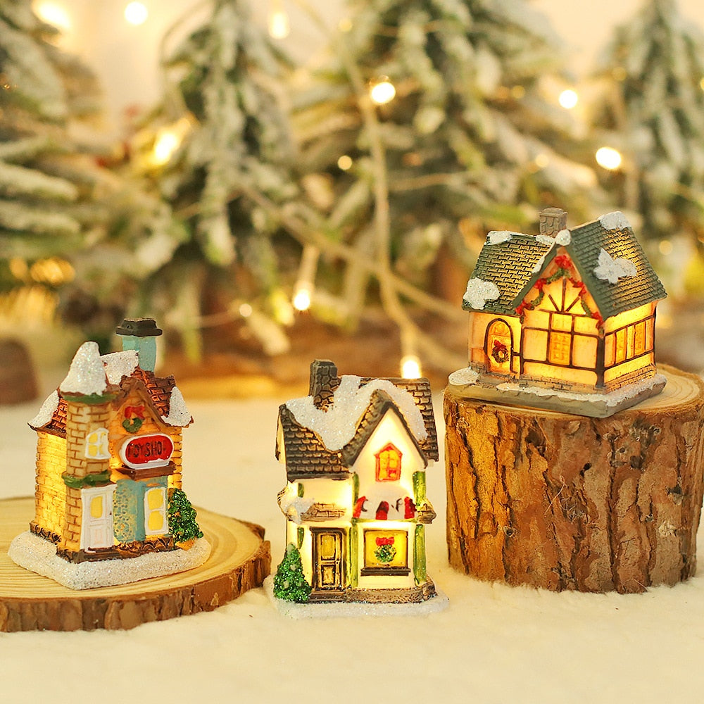 Christmas Decorations Holiday Village Set Lighted Xmas Village Houses with Figurines Small Christmas Scene Gift Home Ornament