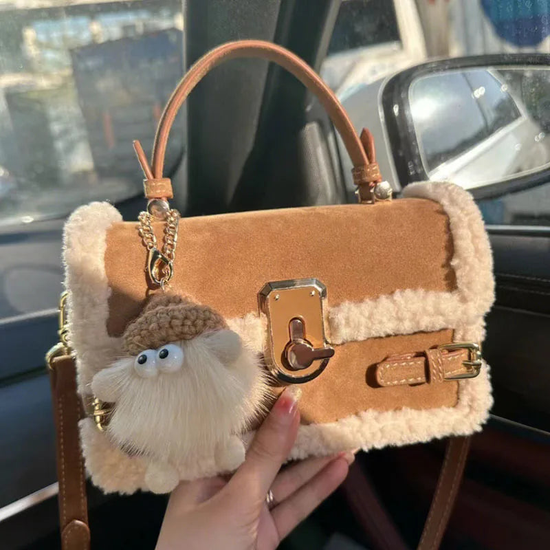 qgtao High Appearance Lamb Wool Bag Autumn Winter New Style All-In-One Handbag Senior Patchwork Crossbody Bags Suede Commuter Bag