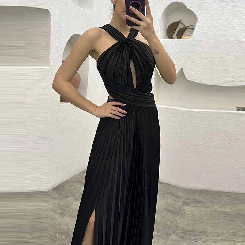 qgtao Fashion Banquet Halter Hollow Out Party Dress Women Temperament High Waist Slim Maxi Dress Elegant Sexy Pleated Slit Long Dress