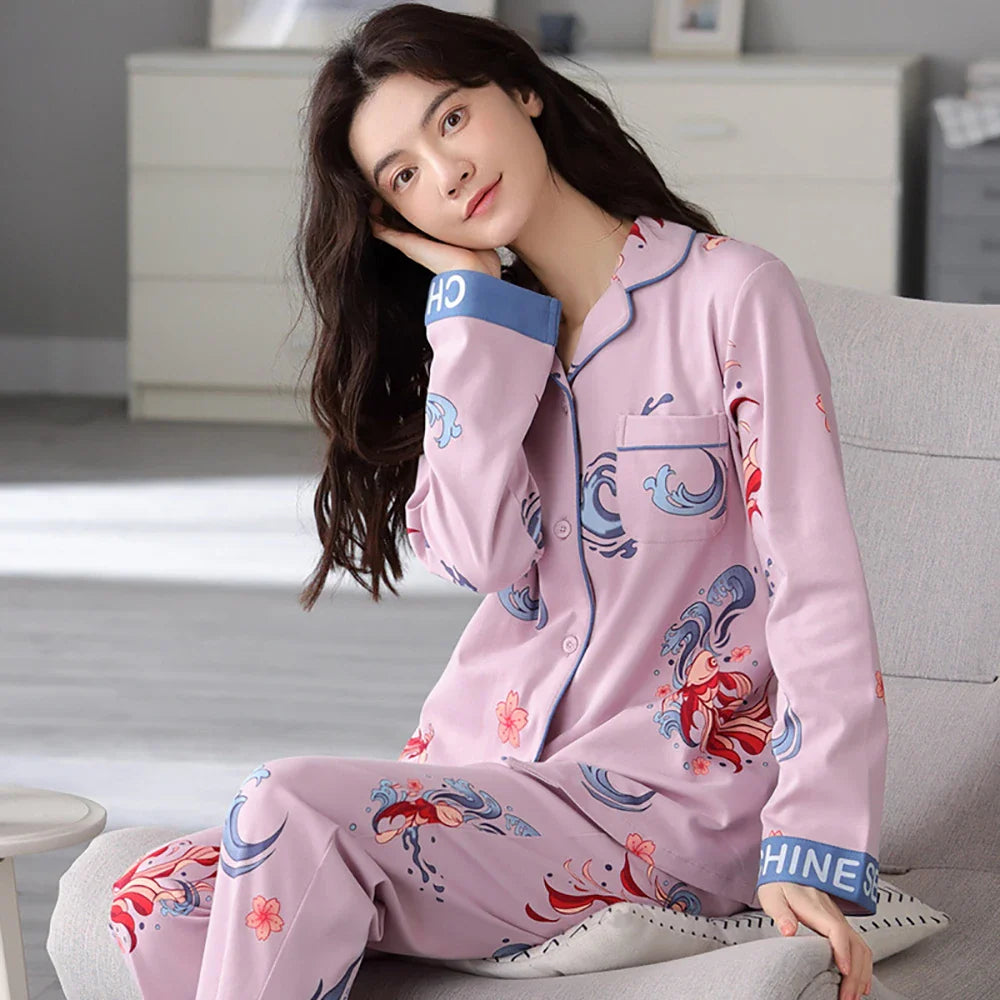 qgtao M-3XL 100% Cotton Elastic Waist Trousers Sets Spring Autumn Print Sleepwear Women's Big Size Pajama Breathable Soft Pijama Mujer