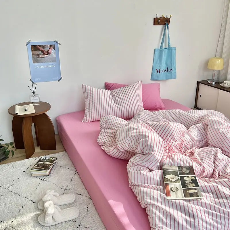 Yeknu Ins Style Bedding Set Duvet Cover Wash Cotton Stripe Summer Soft Cool Summer Bed Sheet Set Comforter Set Quilt Cover