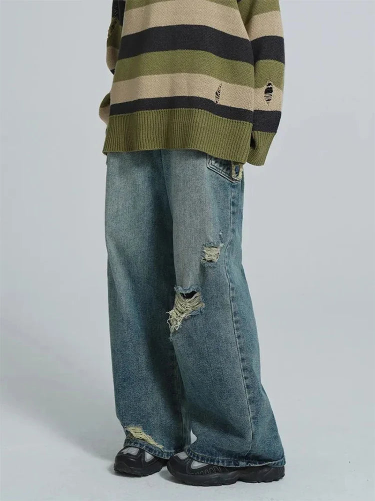 Women's Blue Star Ripped Jeans Baggy Harajuku Aesthetic Denim Trousers Y2k Wide Jean Pants Vintage 2000s Trashy Oversize Clothes