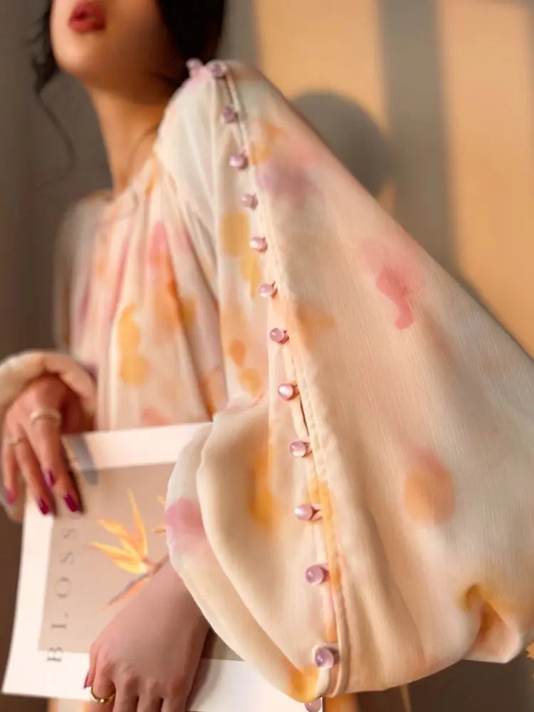 qgtao Elegant Print Midi Dresses For Women 2024 Spring Summer New French Fashion Sweet Vintage Female Clothes Loose Maxi Y2k Dress