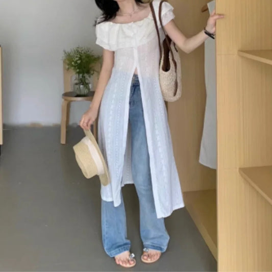 qgtao Elegant Dresses for Women Korean Sweet Long White Black Midi Dress Vintage Sexy Streetwear Y2k Chiffon Dress Casual
