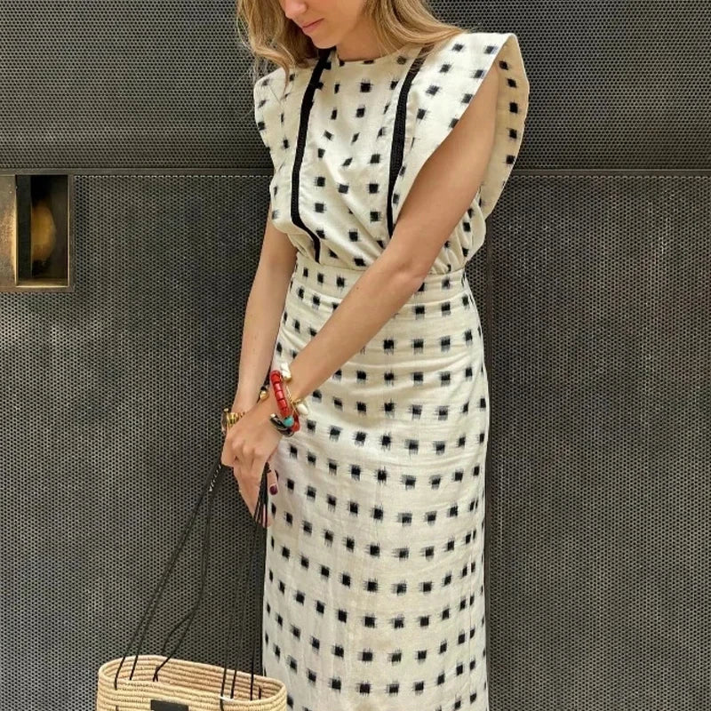 qgtao - 2024 Elegant Stripe Patchwork Print 2Pc Outfits Casual O-neck Flying Sleeve Top & Long Skirt Suit Women Fashion Draped Skirt Set