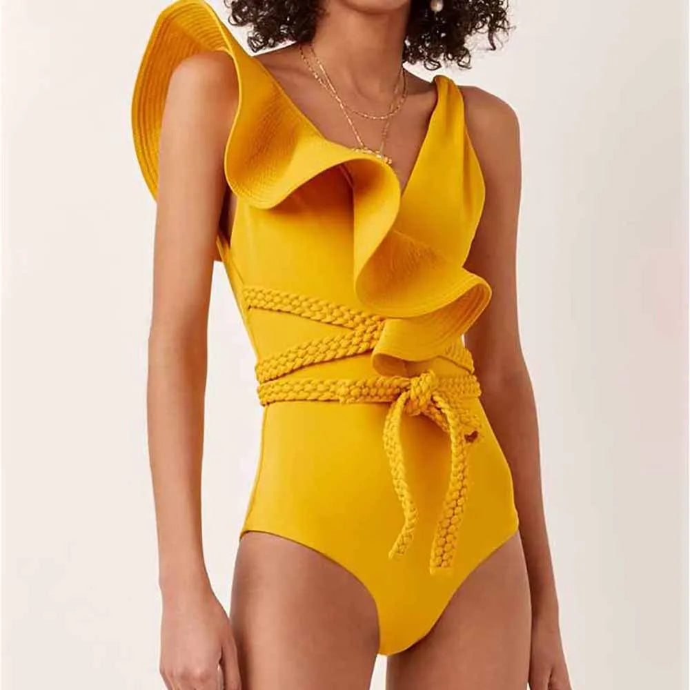 qgtao Plus Size Swimwear Women 2024 Luxury Sexy One Piece Swimsuits Deep-V Micro Bikini Shoulder Solid Ruffled Beach Bathing Suit
