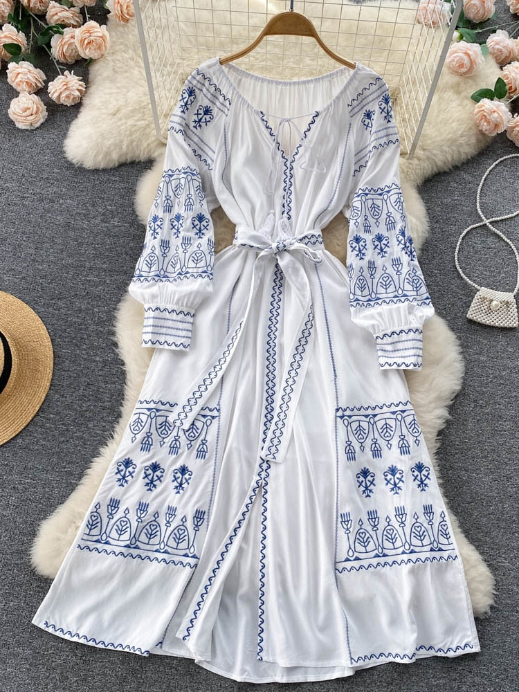 French Style Long Sleeve Embroidered Dress