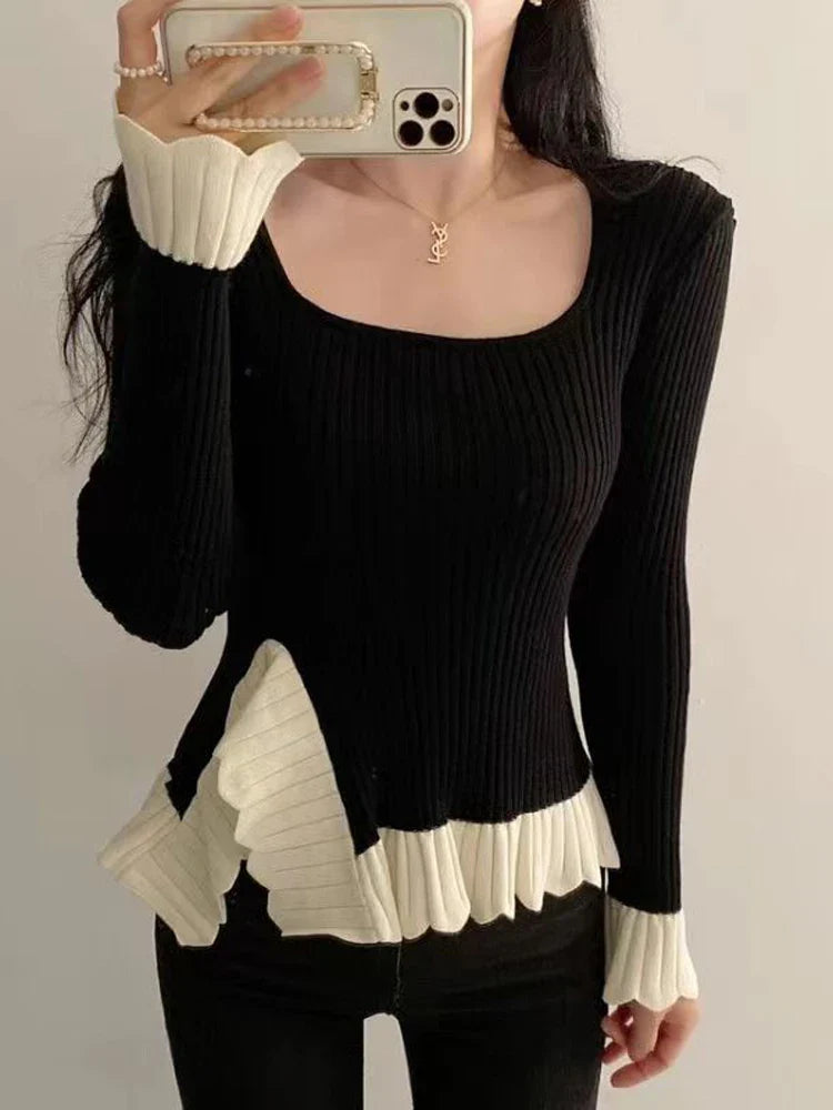 Tossy Ruffled Patchwork Vintage Pullover Sweater For Women Ribbed Contrast Elegant Long Sleeve Loose Knit Female Pullover 2024