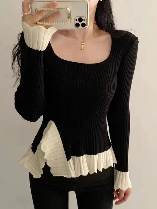 Tossy Ruffled Patchwork Vintage Pullover Sweater For Women Ribbed Contrast Elegant Long Sleeve Loose Knit Female Pullover 2024