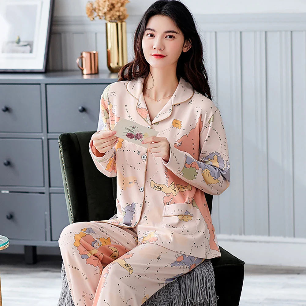 qgtao M-3XL 100% Cotton Elastic Waist Trousers Sets Spring Autumn Print Sleepwear Women's Big Size Pajama Breathable Soft Pijama Mujer