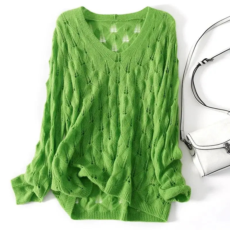 Women's Summer Oversized Sexy Hollow Cover-up Thin Knitted Sweaters Trendy Casual Solid V Neck Long Sleeve Crochet Pullover Tops