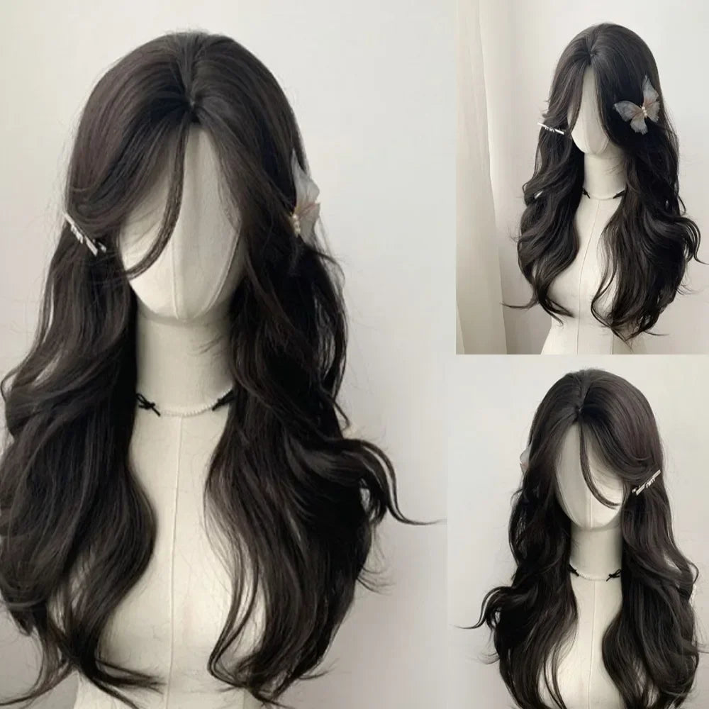 OKLULU - Black Wig for Women Natural Center Parting Eight Bangs Long Curly Hair Natural Hair Cosplay Wig for Daily Use Lolita 가발