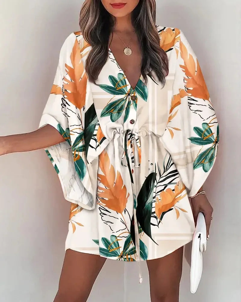 qgtao Women's Summer Flying Sleeves Sexy V-neck Lace Up Print Beach Dress 2023 Women's Spring Quarter Sleeve Loose Button Mini Dress