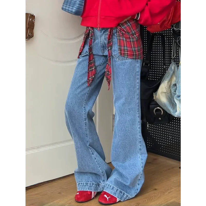 qgtao - Autumn Womens Blue Jeans High Waist Baggy Casual Vintage Y2K Design Sense Straight Pants Street American Wide Leg Denim Trouser