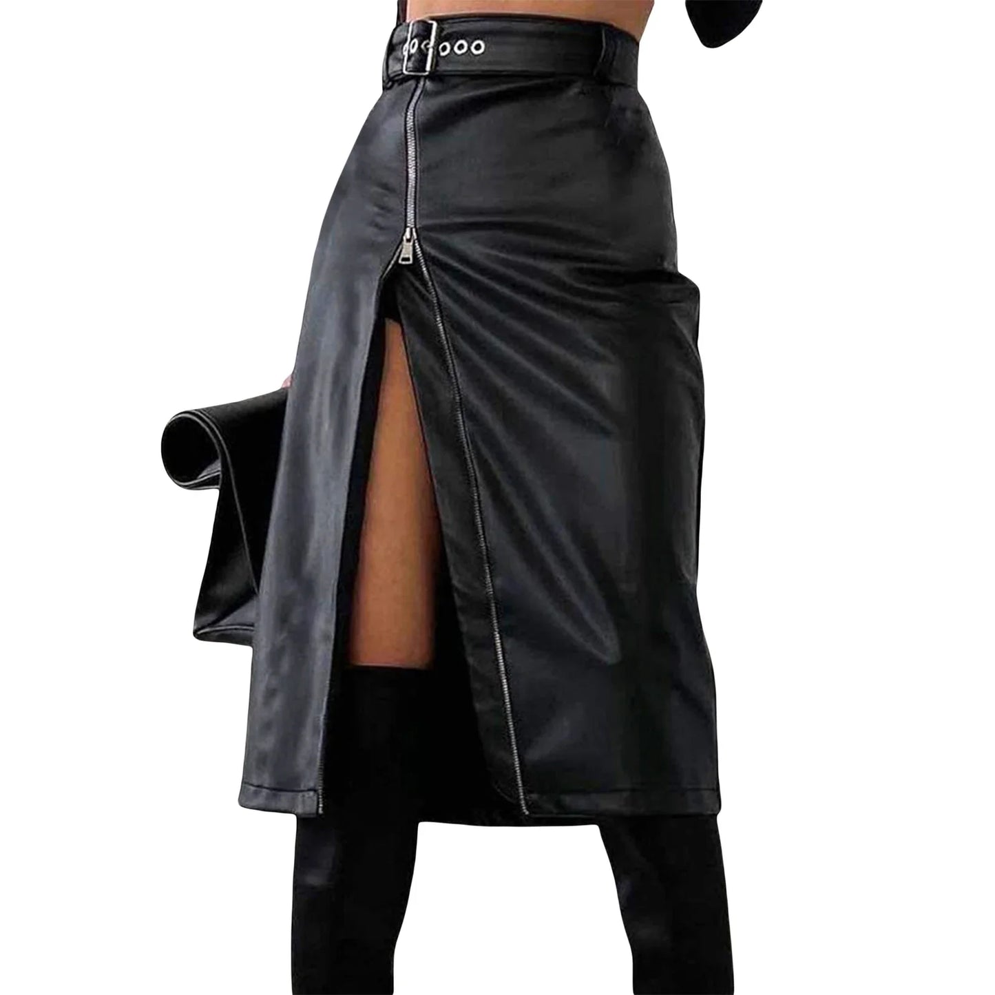 qgtao 2024 Autumn Winter Black Pencil Skirts Women Pu Leather Sexy High Waist Split With Belt Midi Skirt Bodycon Party