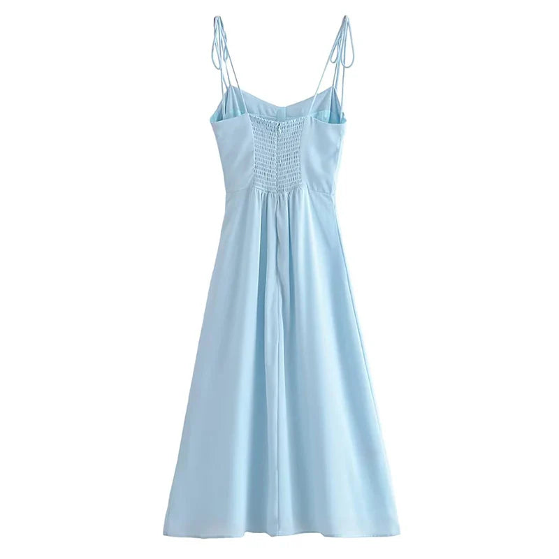 qgtao Women French Style Light Blue Front Slit Sling Dresses Sexy Sleeveless High Waist Female Holiday Summer Chiffon Dress