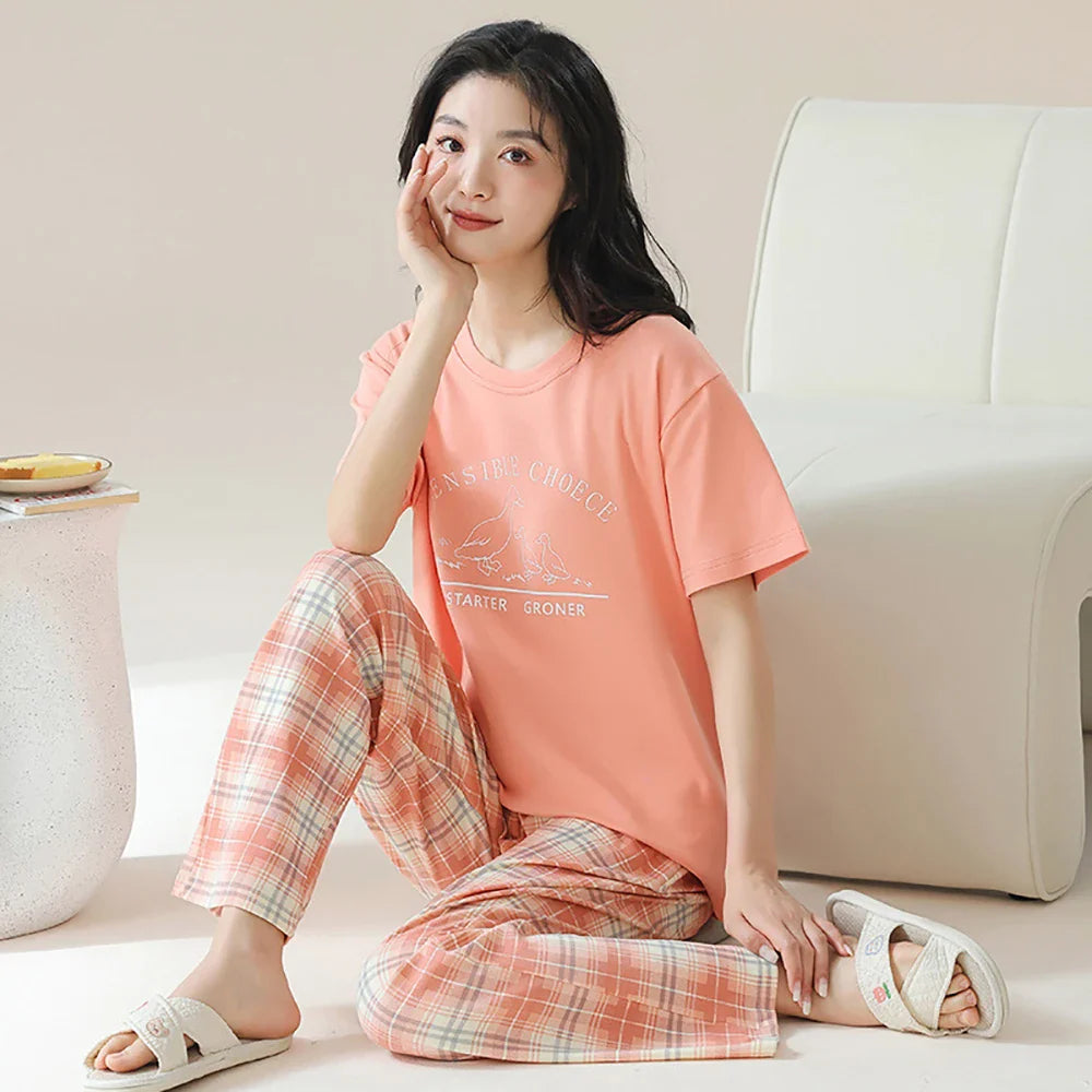 qgtao M-2XL 100% Cotton Women's Pajamas Casual Summer Short Sleeve Thin Pijama Sets Breathable Soft Pajama Sleepwear With Two Pockets