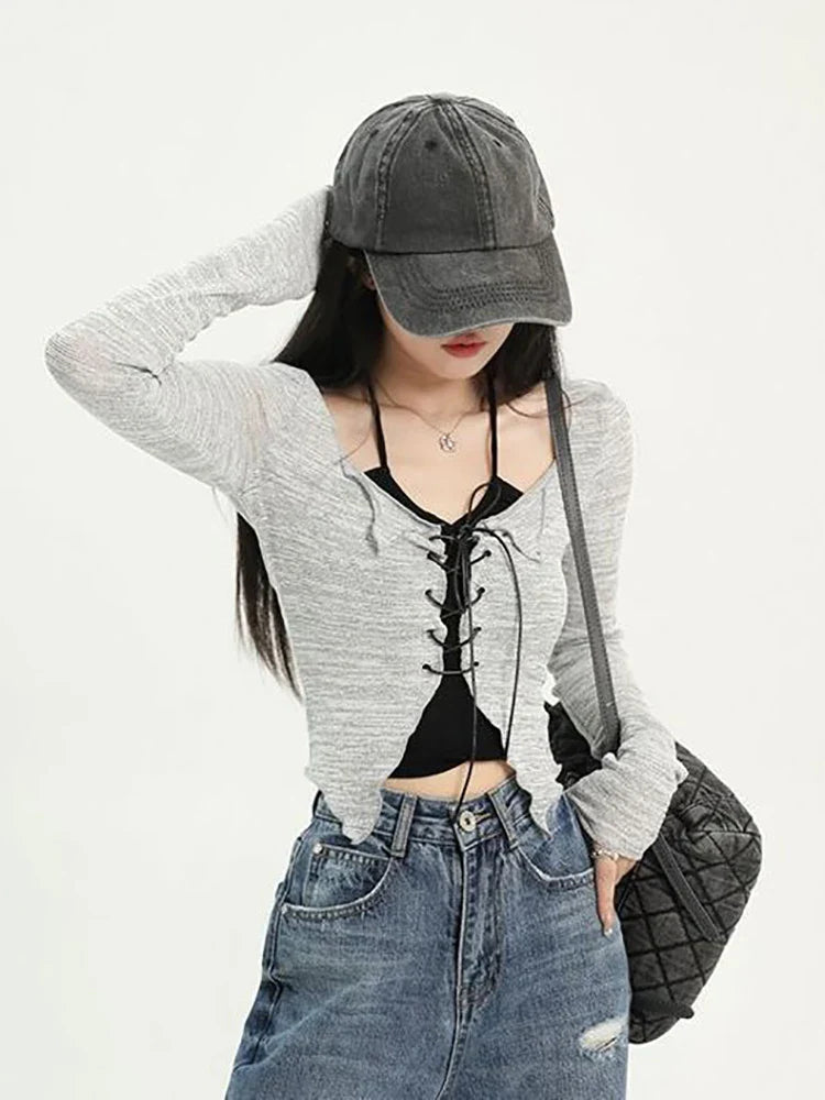 qgtao Sexy Lace Up Crop Tops Women Black Halter Slim Tees And Grey Long Sleeve Top Two Pieces Sets Female Korean Y2k Tshirt Summer