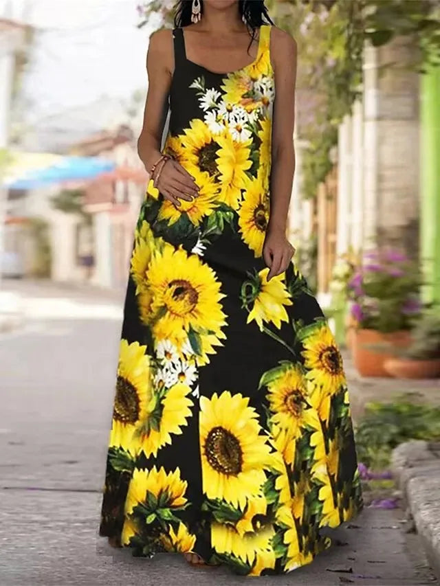 qgtao 2024 Loose Casual Plus Size Long Maxi Dress Beach Sun Dresses Women Sleeveless Summer Fashion Printed Boho Maxi Long Dress