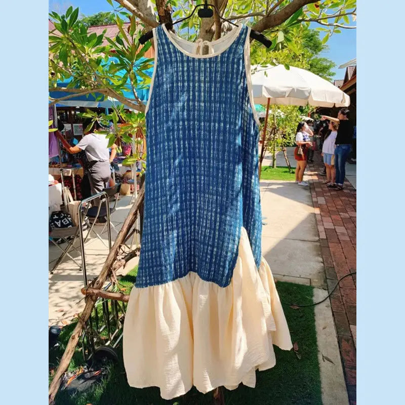 qgtao French Vintage Robe Women Spring Patchwork Vest Skirt Sleeveless Dress Splicing Ruffled Edge Fashion