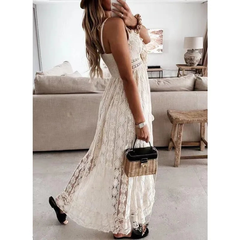 qgtao Women's Summer Beach Dress Cover Up Slip Boho Maxi Dress Lace Up Tassel V-Neck Flare Ruffle White Beach Dresses 2024 Vacation