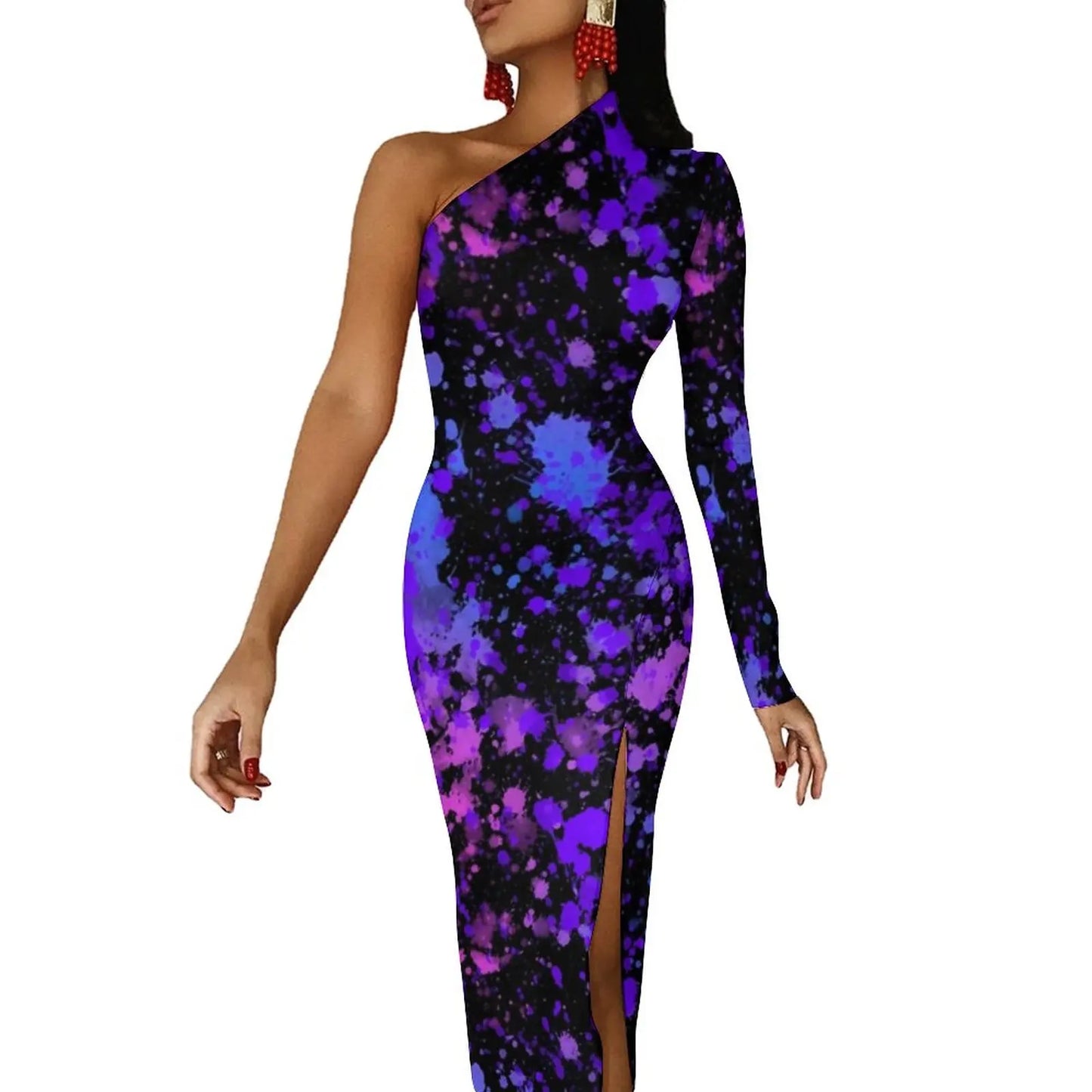 Neon Paint Long Dress Women Graffiti Splatter Print Party Maxi Dress Summer Long Sleeve Sexy Bodycon Dresses Side Split Clothes