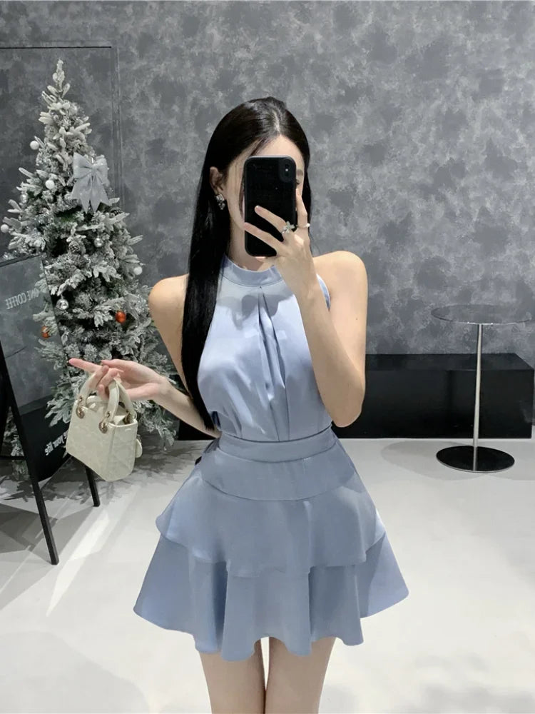 qgtao Two Piece Set Women Y2k Crop Tank Tops Loose Solid Fashion Camis Sleeveless Blouse High Waist Skirts Elegant Suits Ladies Korean