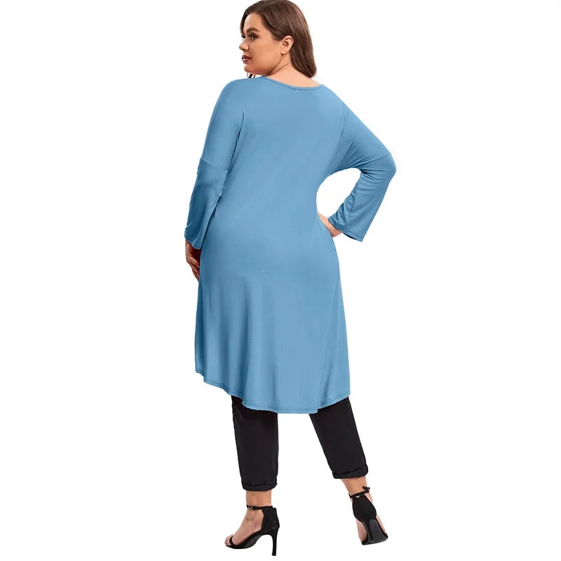 qgtao Plus Size Elegant Long Sleeve Spring Autumn Tunics Women Long Loose Fit Flare Basic Swing Blouse Tops Large Size Casual T Shirt