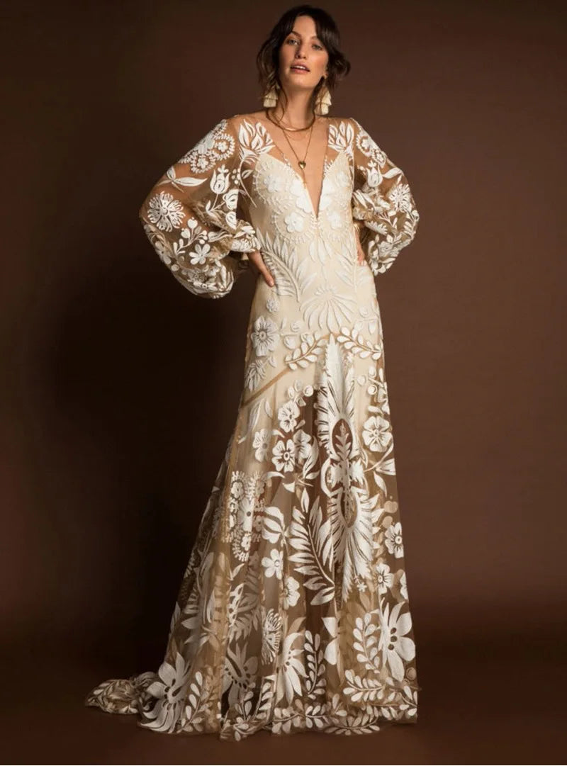 Bridal Luxury Evening Dresses Slim Fit Puff Sleeve V-Neck Long Sleeved Floor-Length New of Print Chiffon Dress Women