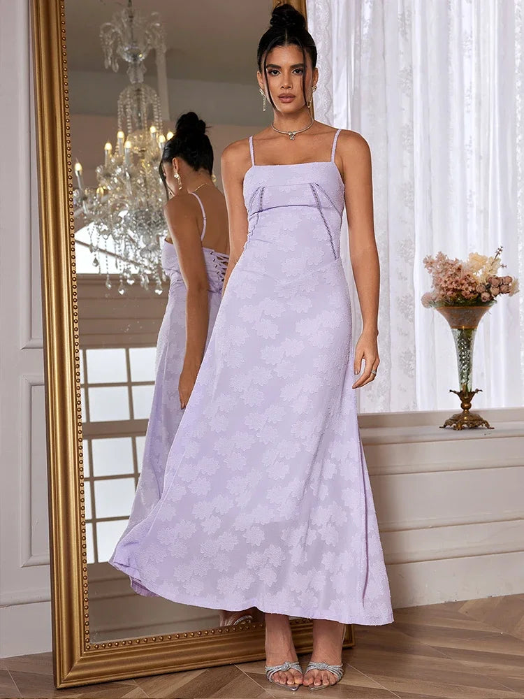 qgtao New Summer Elegant Maxi Dress 2024 New Arrival Purple Spaghetti Strap Wedding Guest Dress Lace Up Party Dresses