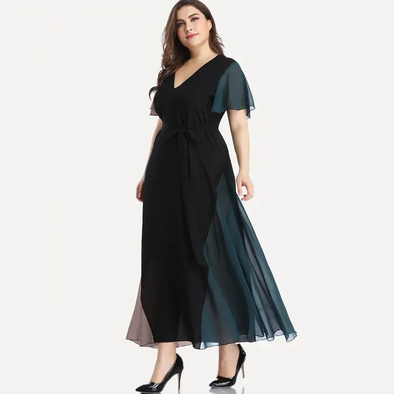 qgtao Plus Size V-neck Summer Elegant Chiffon Party Dress Women Short Sleeve Maxi Casual Dress Sash Waist Fit Flare Evening Dress 6XL