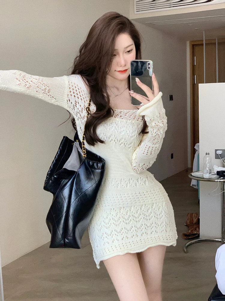 qgtao Autumn Elegant Knitted Dress Women Long Sleeve Lace Short Party Dress Korea Fashion Slim Sexy Y2k Mini Dress Female Vintage