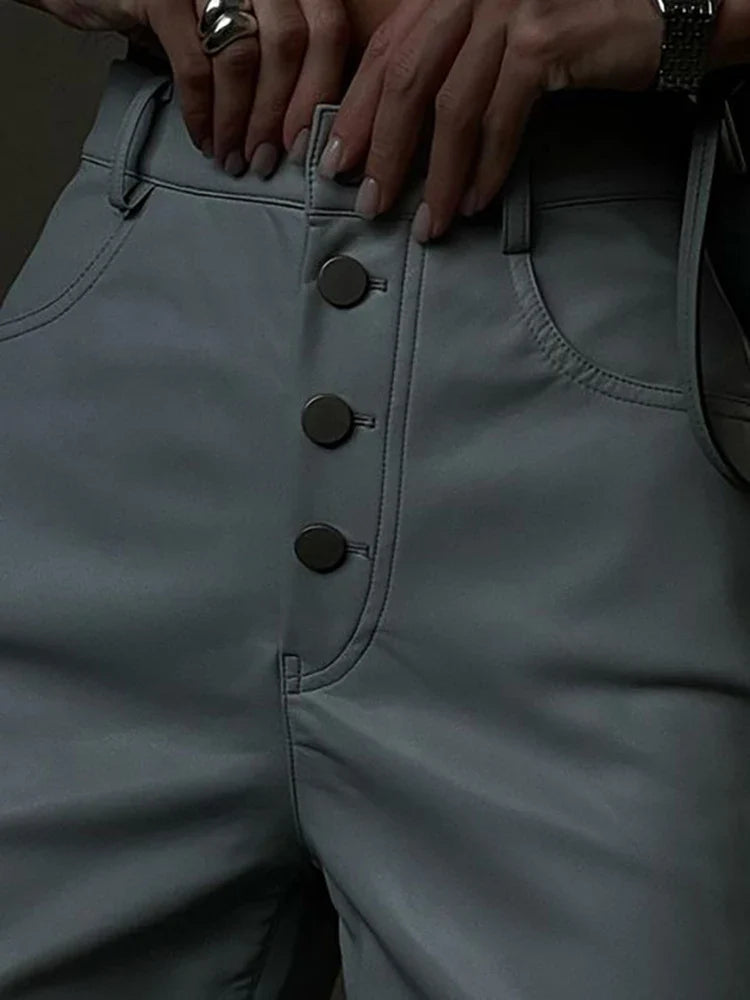 qgtao Fashion White PU Leather High Rise Pants Street wear Casual Button Up Straight Leg Pants for Women Trousers Pants