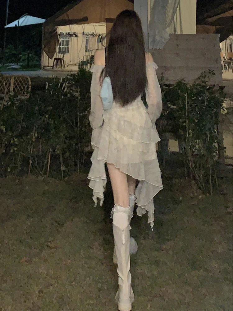 qgtao 2024 Summer Long Sleeve Floral Fairy Dress Woman Beach Elegant Party Mini Dresses Casual Vintage One Piece Dress Korean Fashion