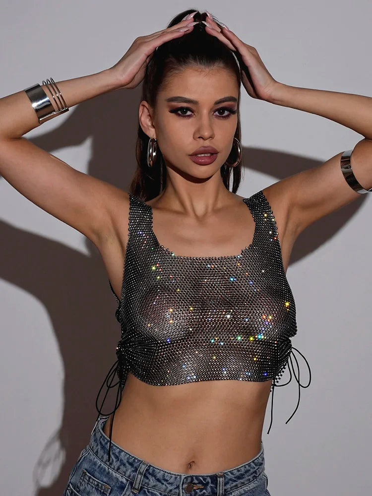 qgtao Y2K Square Collar Glitter Crop Top for Women Night Club Party Sexy See-through Tank Tops Sides Lace-up Backless Short Vest