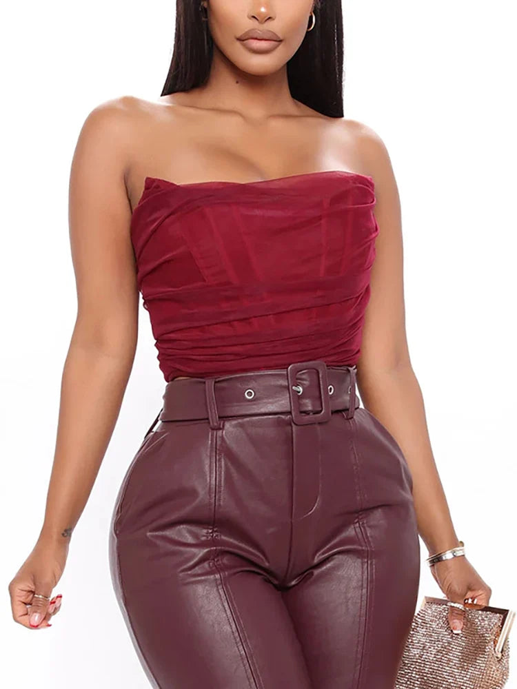 Colysmo Mesh Crop Top Women Summer Tops Sexy Party Club Wear Off Shoulder Corset Top Solid Color Casual Streetwear Tube Top